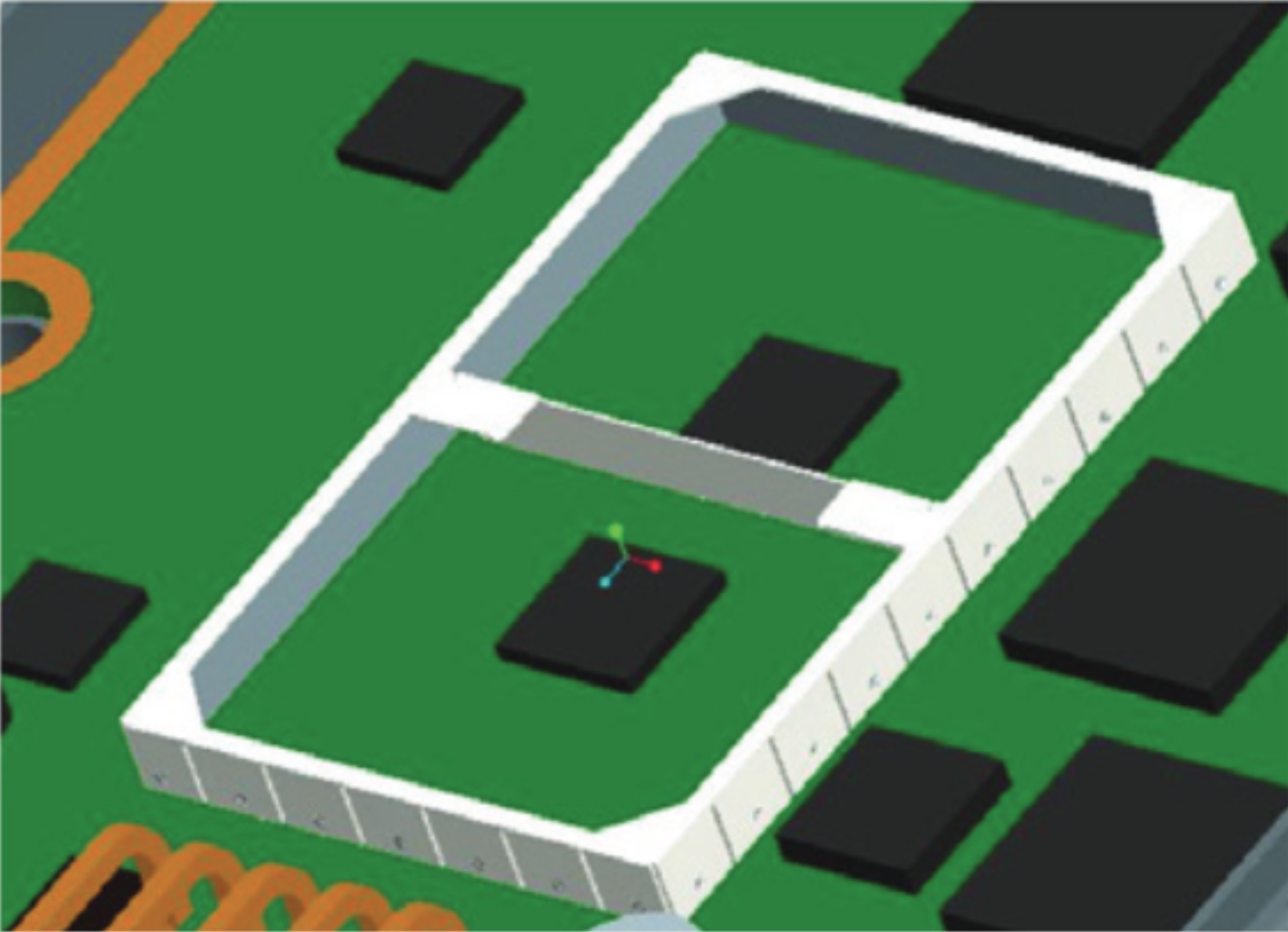 Close up of custom Laird board-level shield integrated into a circuit assembly to protect the MMIC transmission line and phase shifter IC.
