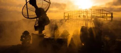 Military radars and electronics at dusty sunset. 