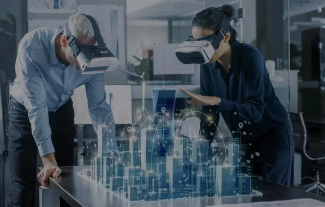 Two people using augmented reality headsets